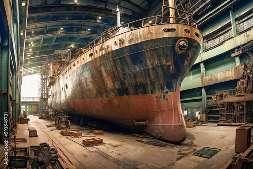 Old rusty ship under repair on dry dock. Created with Generative AI technology.