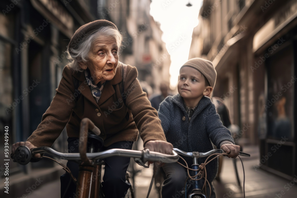 Obraz premium Elderly active woman teaches her little granddaughter to ride a bike on the street. Generative AI