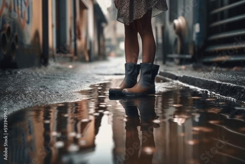 Female feet in boots stand in a puddle during the rain. Generative AI