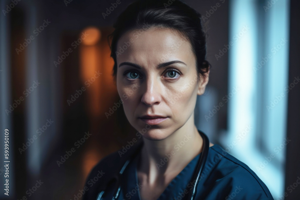 Fototapeta premium Female doctor portrait in hospital hallway. Generative AI
