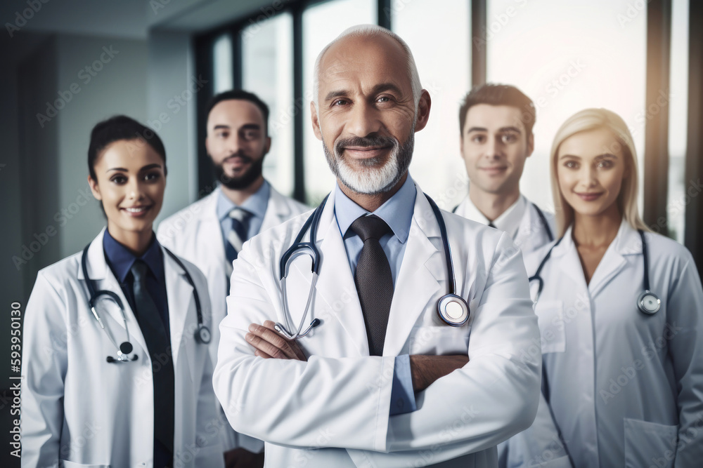 Team of medical doctors professionals standing together smiling looking at camera in hospital hallway. Generative AI Team of medical doctors professionals standing together smiling looking at camera in hospital hallway. Generative AI