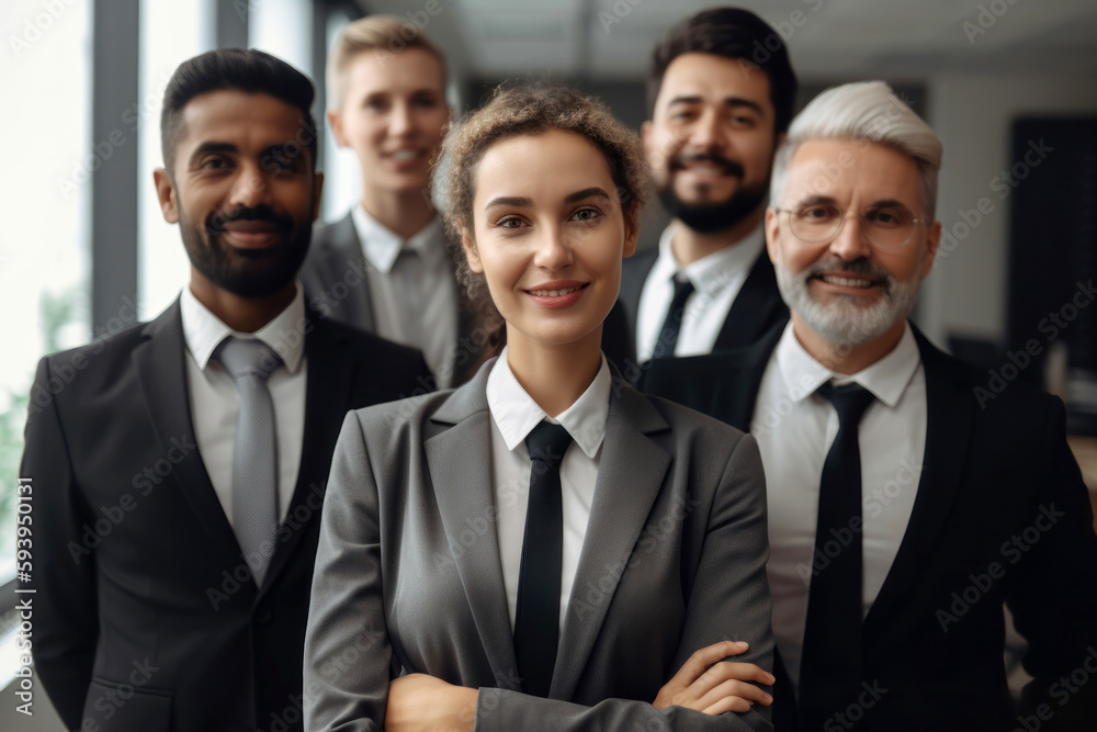 Group of multi ethnic business people in suits standing together smiling looking at camera. Generative AI Group of multi ethnic business people in suits standing together smiling looking at camera. Generative AI