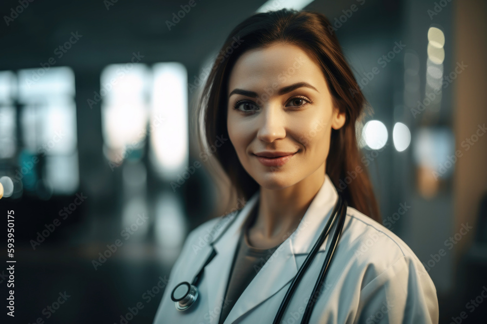 Fototapeta premium Smiling female doctor portrait in hospital. Generative AI