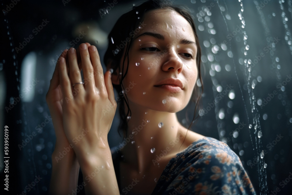 Happy smiling woman dancing under rain in the street. Generative AI Happy smiling woman dancing under rain in the street. Generative AI
