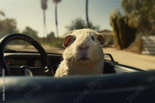Photo of guinea pig driving a convertible car. Animal influencer.