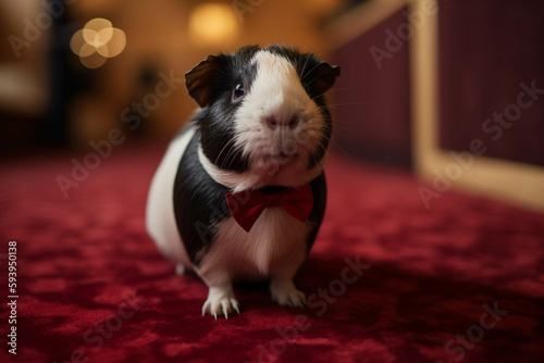 Photo of guinea pig at a red carpet wearing a tuxedo. Animal influencer.