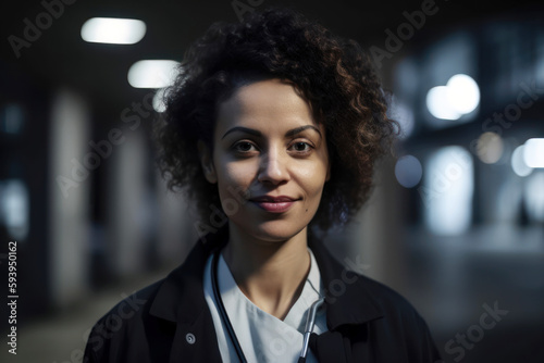 Smiling female doctor portrait in hospital. Generative AI