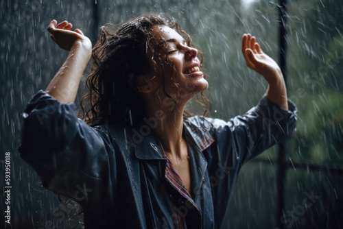 Happy smiling woman dancing under rain in the street. Generative AI