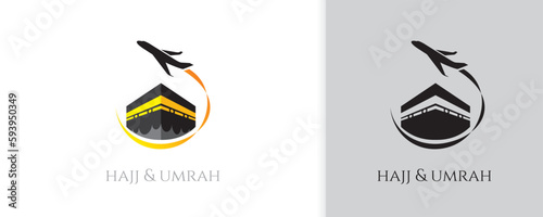Silhouette of Kaaba and airplane. Hajj and Umrah travel vector logo template