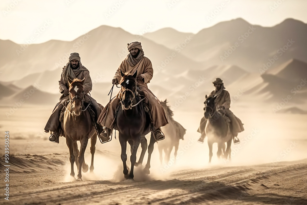 Fototapeta premium Illustration of riders in the desert. Bedouin or Arabian people. Created with Generative AI technology.
