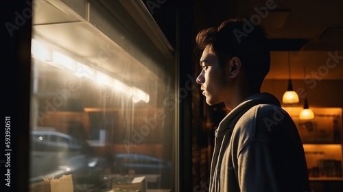 Junger Mann schaut in ein Schaufenster in der Nacht KI
