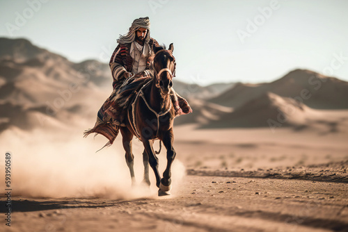 Illustration of a Bedouin or Arabian rider in the desert. Created with Generative AI technology.