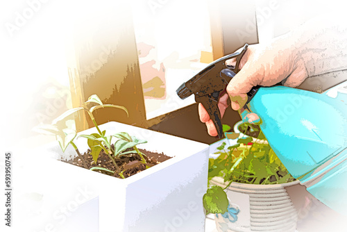 the hand of the person who sprays the pot
