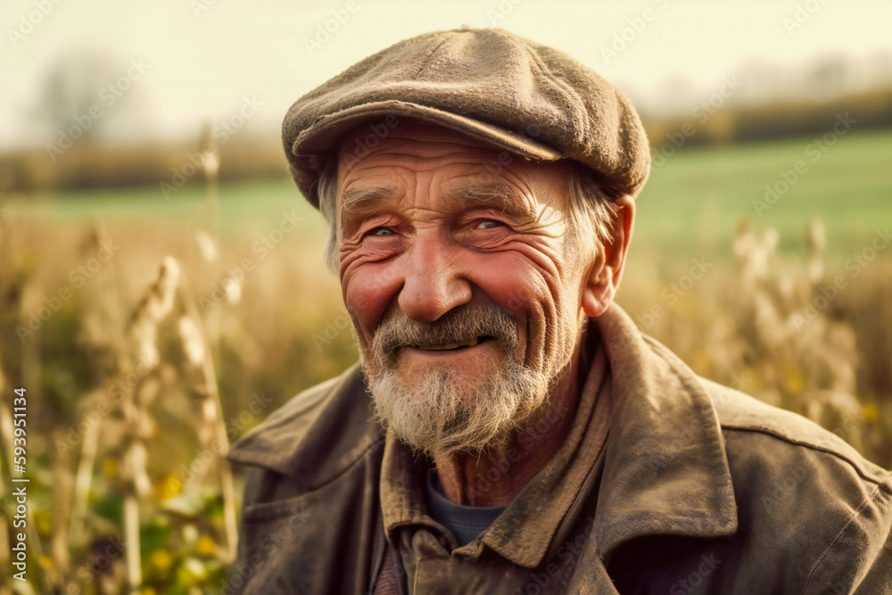 Portrait of an old peasant smiling. Wheat field in background. Created with Generative AI technology.