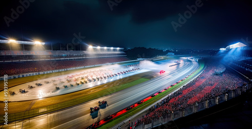 Racing track with cars at night after rain wirh reflections, crowd of people on grandstands. AI generative digital illustration.