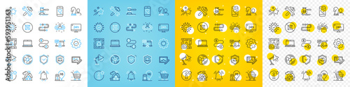 Vector icons set of Table lamp, Money transfer and Execute line icons pack for web with Package protection, Info, Vip access outline icon. Photo edit, Falling star, Grocery basket pictogram. Vector