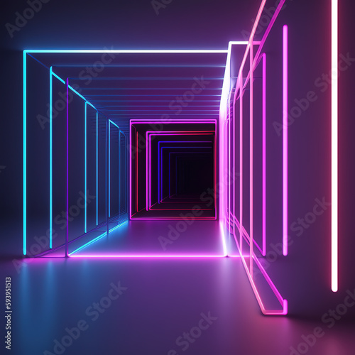 Rendering rounded pink blue neon lines glowing. Generative AI