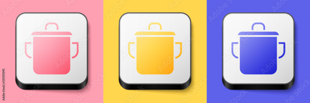 Isometric Cooking pot icon isolated on pink, yellow and blue background. Boil or stew food symbol. Square button. Vector Isometric Cooking pot icon isolated on pink, yellow and blue background. Boil or stew food symbol. Square button. Vector