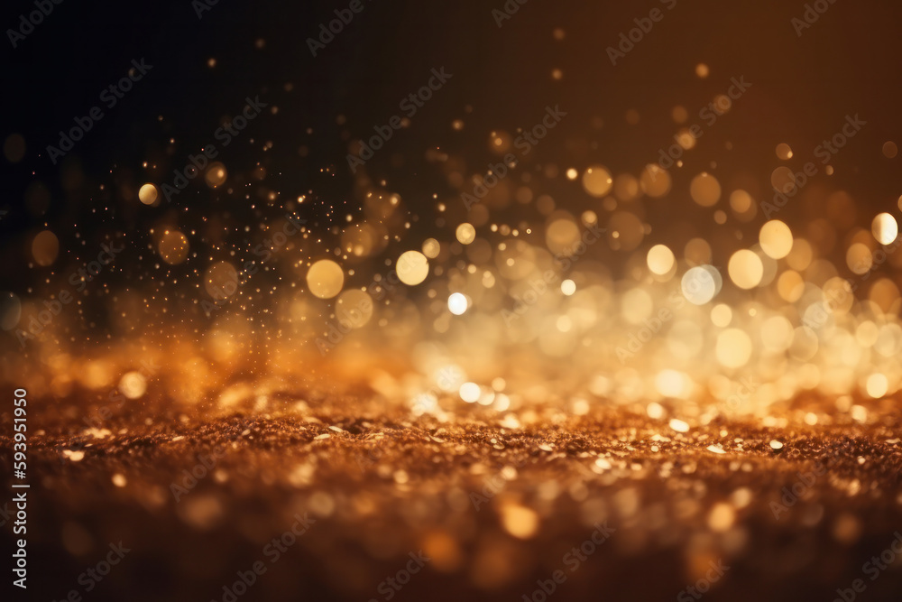 A glitter grunge background with bokeh lights and golden glitter particles. Festive decoration for Christmas and luxury party. AI Generative.