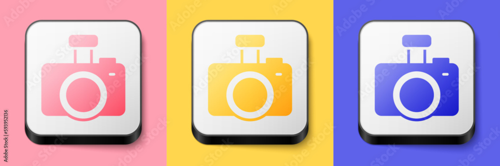 Isometric Photo camera icon isolated on pink, yellow and blue background. Foto camera. Digital photography. Square button. Vector Isometric Photo camera icon isolated on pink, yellow and blue background. Foto camera. Digital photography. Square button. Vector