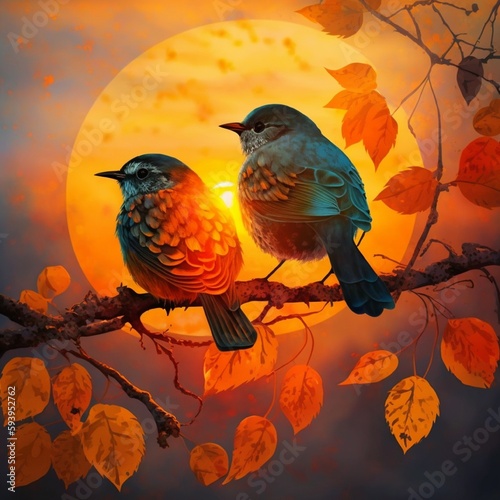 two birds on a branch in the spring at sunset © AngelQ