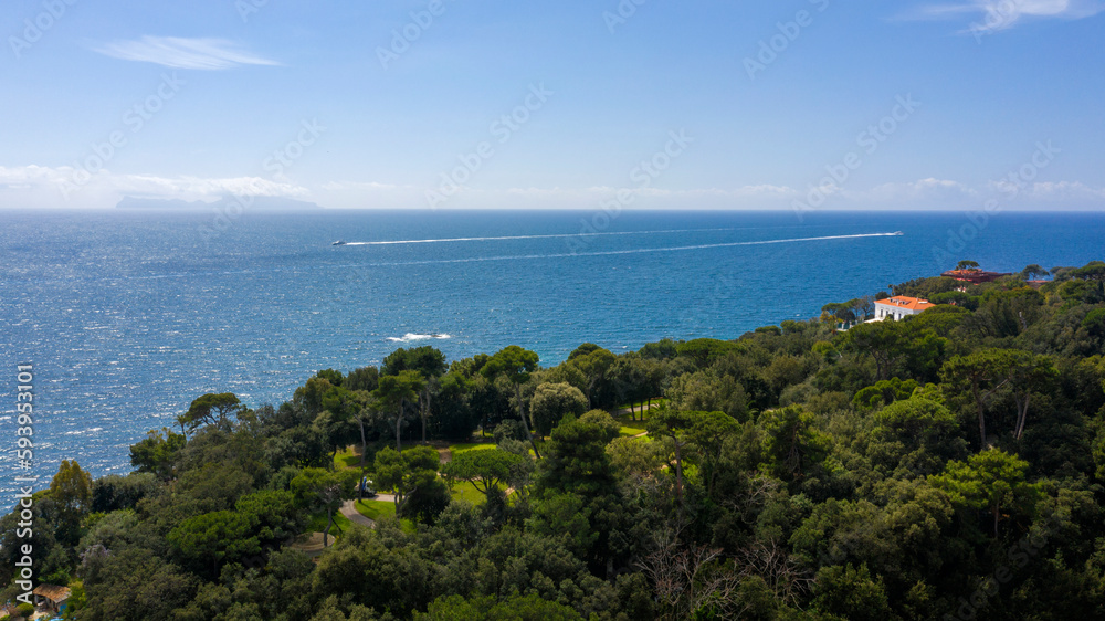 Aerial view of Virgiliano park, also called Park of Remembrance, a scenic park located on the hill of Posillipo, Naples, Italy. From the promontory there is a view of the Gulf of Naples. Aerial view of Virgiliano park, also called Park of Remembrance, a scenic park located on the hill of Posillipo, Naples, Italy. From the promontory there is a view of the Gulf of Naples.