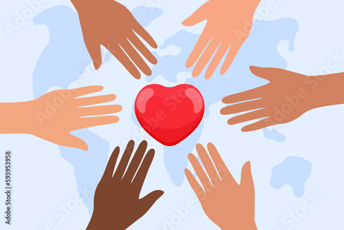 Illustration with hands and heart, world map in background, concept of helping others, vector