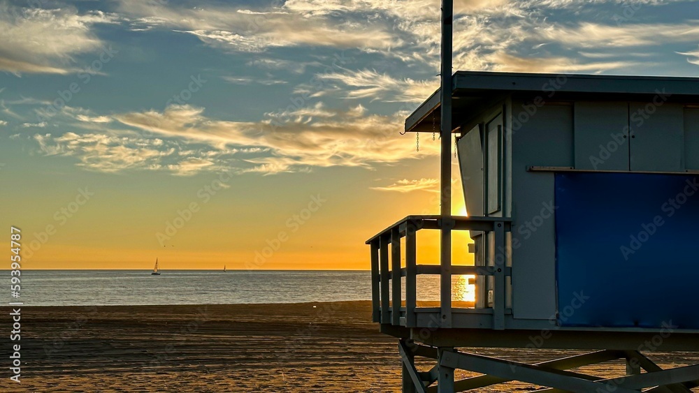 Beach sunset in Los Angeles with LifeGuard Tower Beach sunset in Los Angeles with LifeGuard Tower