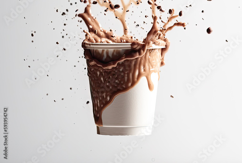 A shot of a white to-go cup of coffee for mockup logo, perfectly illuminated by accent lighting, with drops of rich brown coffee spilling out of it mid-air. The pure white background.