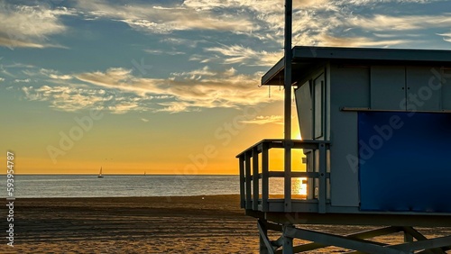 Beach sunset in Los Angeles with LifeGuard Tower