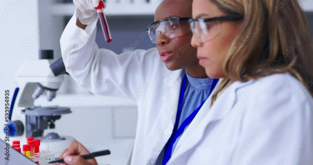 Teamwork, medical science and laboratory for blood sample analysis, development or innovation. Diversity women together in lab for scientist test, research and study or dna discussion for future cure