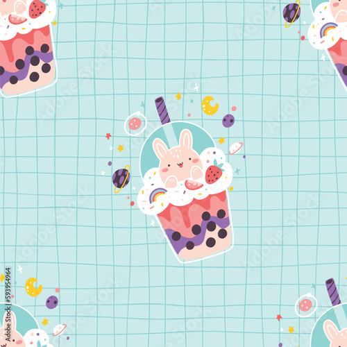 Bubble tea seamless pattern with cute tiny rabbit and strawberry on blue lattice background. Boba milkshake. Kawaii colorful vector illustration in simple cartoon style. Clean light palette.