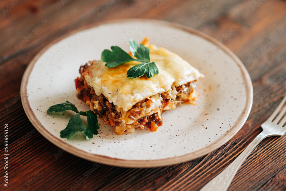 Tasty lasagna italian delicious food meals eat on the wooden dark table lyfestile still life photo