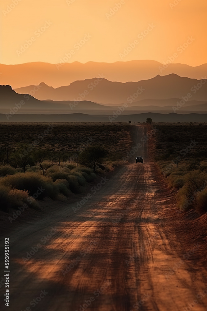 Еmpty road in the desert with mountains in the background at sunset, AI generative