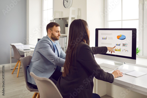 Tableau sur toile Two businesspeople analyzing data charts, graphs on pc monitor