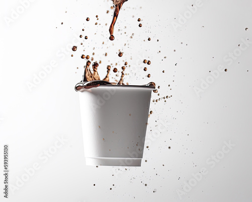 A shot of a white to-go cup of coffee for mockup logo, perfectly illuminated by accent lighting, with drops of rich brown coffee spilling out of it mid-air. The pure white background.