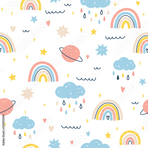 Cartoon kids seamless pattern in simple hand drawn scandinavian style. Cute simple rainbow elements with rain, planets and stars in a colorful pastel clean palette. Vector illustration of a kennel.