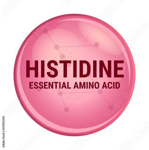 Vector icon of histidine. Essential amino acid with the abbreviation His. Red molecule isolated on a white background. H amino acid used in the biosynthesis of proteins. Food and nutrition concept.