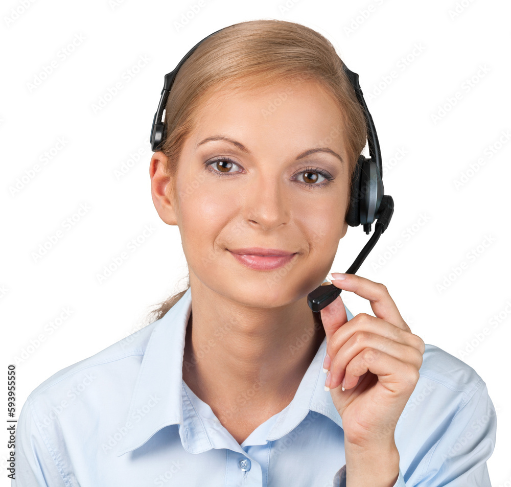 Close-up view of woman with headphones, call center or support concept Close-up view of woman with headphones, call center or support concept