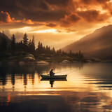 Paisaje increíble, con lago y montañas y barca con hombre pescando. Paisaje de atardecer idílico, generative ai.