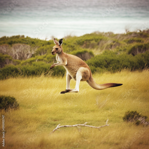 Canguro saltando en Australia, paisaje de isla de canguros. Generative ai.
