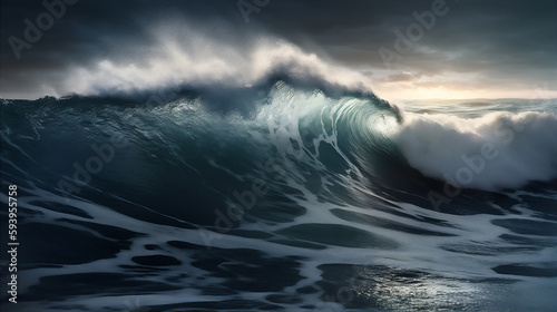Huge hyper-realistic ocean wave. AI generated © Oksana Kumer