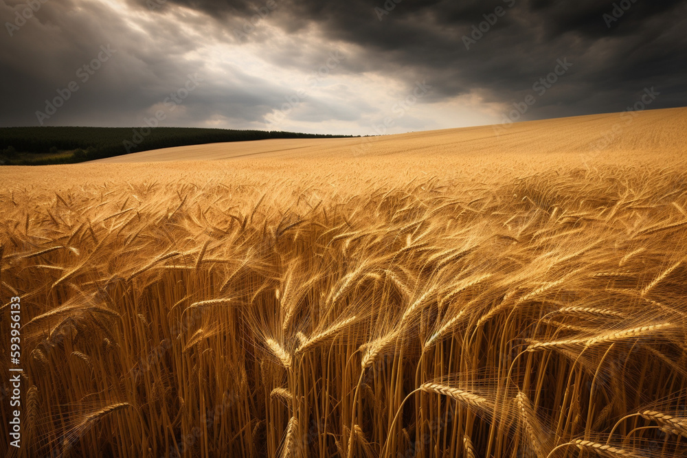 Golden barley field with cloudy sky generative AI