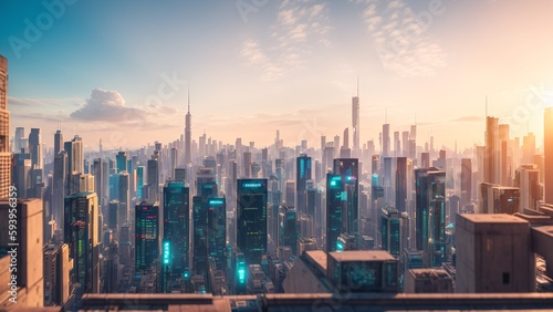 A Captivating View Of A City With Skyscrapers And A Bright Sun AI Generative