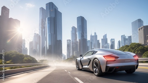An Abstract Image Of A Futuristic Car Driving On A City Street