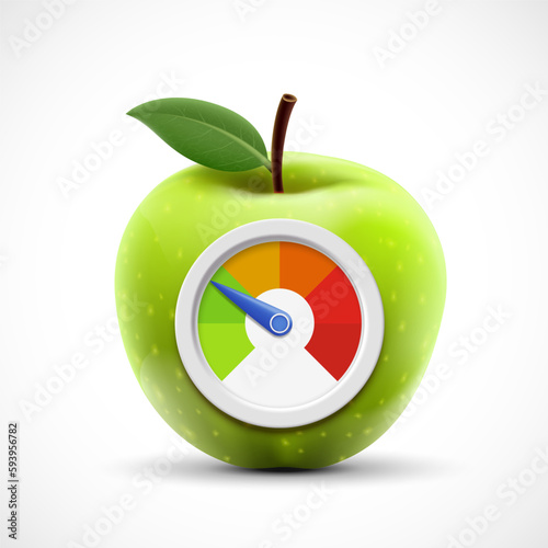 Green apple fruit with calorie level. Icon isolated on white background. Vector illustration.