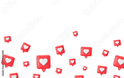 3d render red like icon banner. Social media bubble with heart. Comment button. Love element. Share tag. Emoji reaction. Notice people. Chat speech communicate. Notification label.Vector illustration