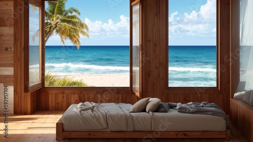A Compelling Looking Bedroom With A View Of The Ocean AI Generative
