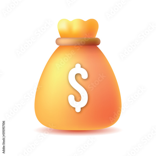 Money bag with dollar icon. Cash, interest rate, business, finance sign, return on investment, financial solution symbol, prepayment and down payment concept. 3d vector icon. Cartoon minimal style