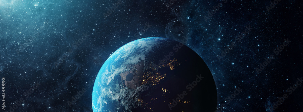 Panoramic view of the Earth, sun, star and galaxy. Sunrise over planet Earth, view from space. Elements of this image furnished by NASA